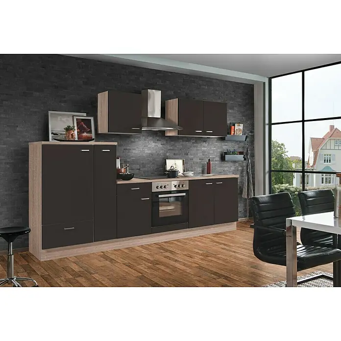 Menke Küchenzeile ClassicBreite: 300 cm, Lava-Melamin, Mit Elektrogeräten, Dekor Arbeitsplatte: Holzoptik - Elegante Küche mit dunklen Schränken, hellem Holzdekor und modernen Geräten. Die Küche bietet viel Stauraum und eine stilvolle Arbeitsumgebung.