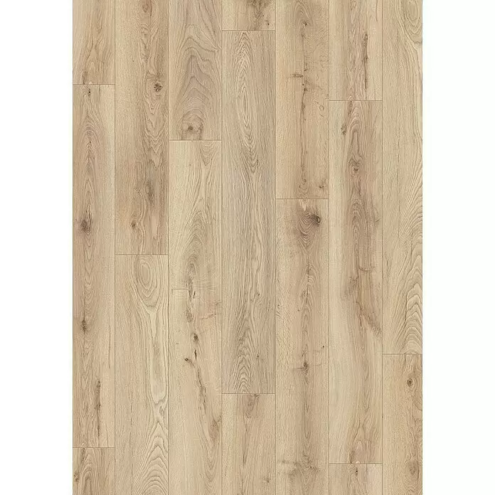 LOGOCLIC Ambienta Laminat - Honig Eiche, Landhausdiele, 1.288 x 195 x 10 mm - Hellbraune Holzfußbodenbretter mit natürlicher Maserung und Ästen.