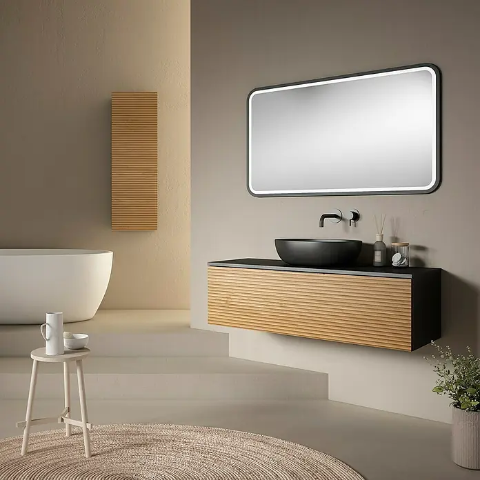 Mueble bajo de lavabo compact 3D mini - An x Pr x Al: 120 x 45 x 35 cm, Negro/Roble - Elegante baño con tocador de madera y espejo iluminado, creando un ambiente moderno y estiloso.