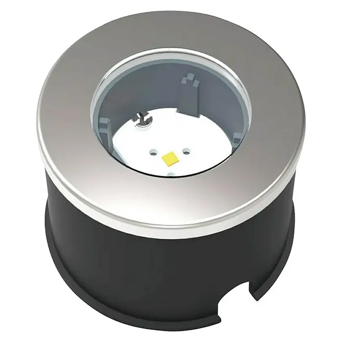 Lutec Foco de jardín LED Hony Deck - 1 W, Plateado, IP67, LED - Primer plano de una luz LED de suelo redonda empotrada con borde plateado y carcasa negra.