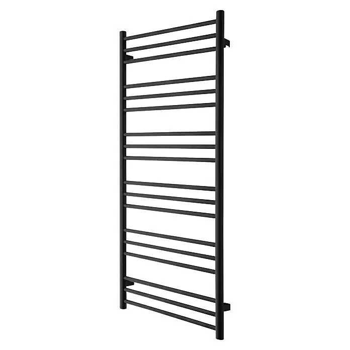 TVS Design Badheizkörper Pivo 18-500 - B x H: 500 x 1.195 mm, Wärmeleistung bei Vorlauftemperatur von 75 °C (D: 50): 243 W, Schwarz - Vertikaler, mattschwarzer Handtuchheizkörper mit mehreren Querstreben.