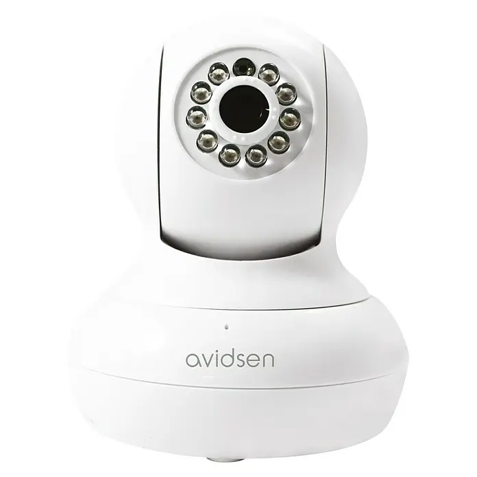 Avidsen Cámara de vigilancia 720P - Blanco, Ángulo de detección: 62,6 °, Alcance de detección: 10 m - Primer plano de una cámara de seguridad Avidsen blanca con LED infrarrojos para visión nocturna, ideal para la vigilancia de habitaciones.