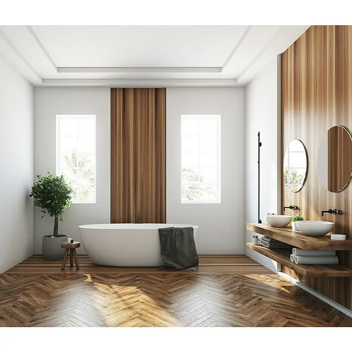 TVS Design Elektro-Badheizkörper Eldo 1B x H: 60 x 140 cm, Mit Thermostat und Timer, Schwarz - Badezimmer mit ovaler Badewanne, Holzboden und Waschtischen mit runden Spiegeln für ein entspannendes Ambiente.