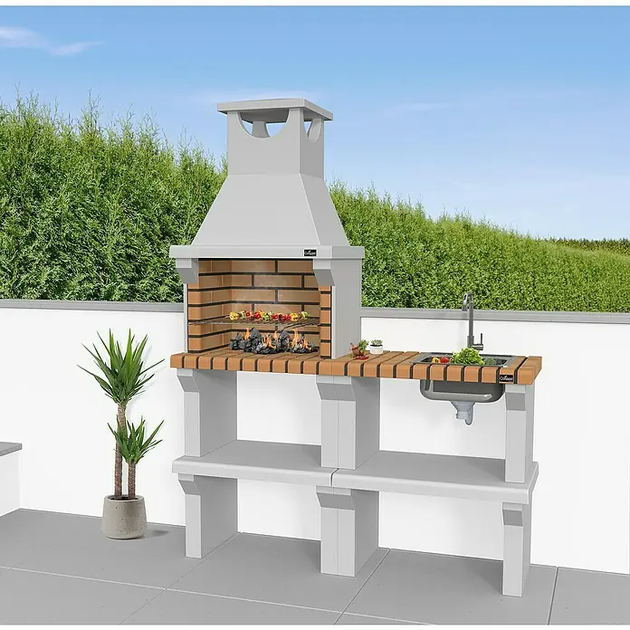 Barbacoa de obra Sintra con fregadero - An x Pr x Al: 68 x 47 x 190 cm, Superficie parrilla: 50 x 32 cm, Marrón - La barbacoa de obra con fregadero y estantes. El módulo de cocina exterior perfecto para las barbacoas de verano en el jardín.