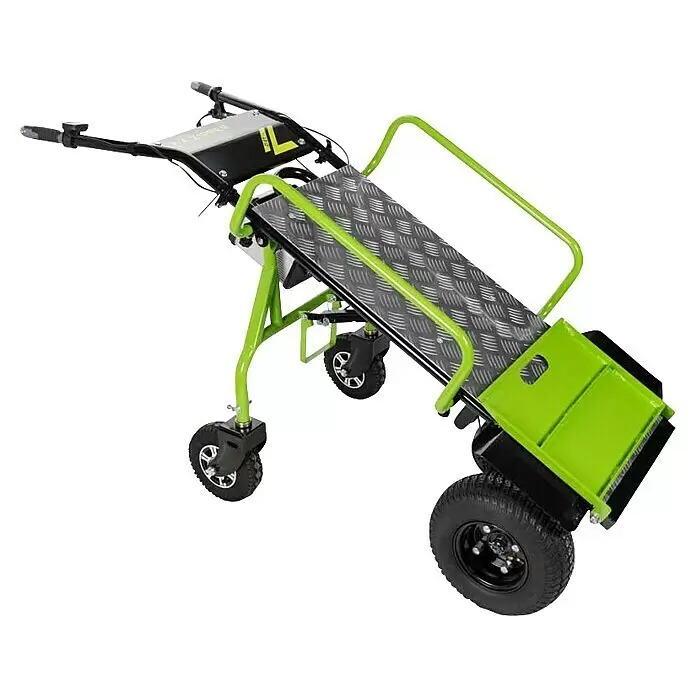Zipper Akku-Sackkarre ZI-ET260 - 350 W, Stahl, Traglast: 260 kg - Limettengrüner und schwarzer elektrischer Treppensteiger mit silberner Riffelblechplattform und robusten Rädern.