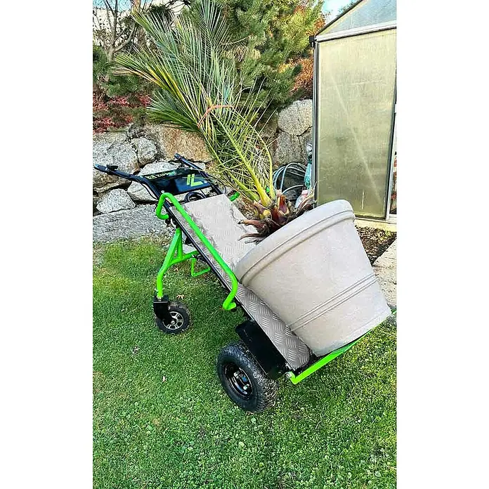 Zipper Akku-Sackkarre ZI-ET260 - 350 W, Stahl, Traglast: 260 kg - Der elektrische Schubkarre von Zipper mit einer großen Pflanze, die in einem Blumentopf liegt, steht auf einem Rasen neben einem Gewächshaus.