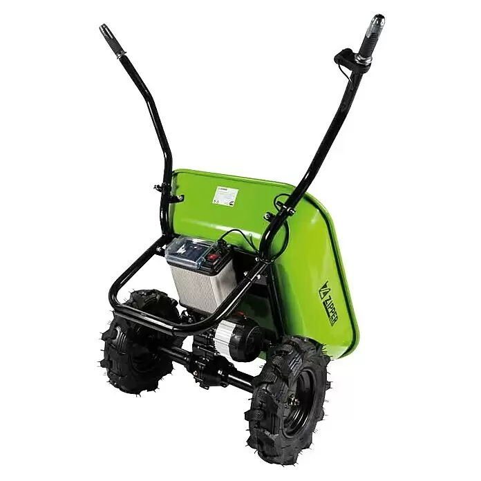Zipper Akku-Schubkarre ZI-EWB260 - 350 W, Material Wanne: Stahl, Traglast: 260 kg - Grüne Elektro-Schubkarre mit schwarzem Rahmen, Akku, Motor und robusten Reifen.