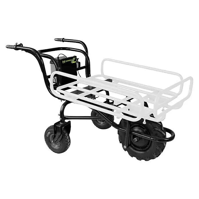 Zipper Akku-Schubkarre ZI-EWB150 - 280 W, Material Wanne: Stahl, Traglast: 150 kg - Schwarzer elektrischer Transportwagen mit weißer Gitterladefläche, drei Rädern und Lenker. Mit Zipper-Markenmotor/-batterie.