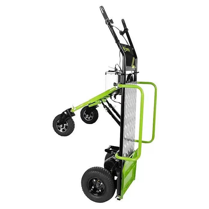 Zipper Akku-Sackkarre ZI-ET260 - 350 W, Stahl, Traglast: 260 kg - Grün-schwarze elektrische Treppensteiger-Sackkarre mit großen Rädern, ergonomischen Griffen und texturierter Steigplatte.