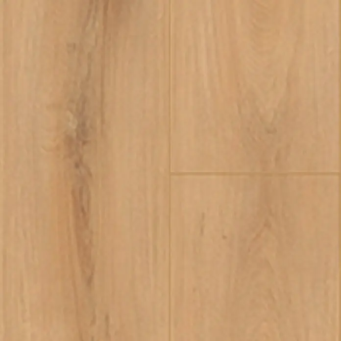 Krono Original Laminatmuster Organic Classic Golden Vista Oak - 297 x 195 x 8 mm, Landhausdiele - Nahaufnahme von hellem Eichenlaminatboden mit Maserung und Paneelen. Es zeigt die natürliche Schönheit des Bodens.