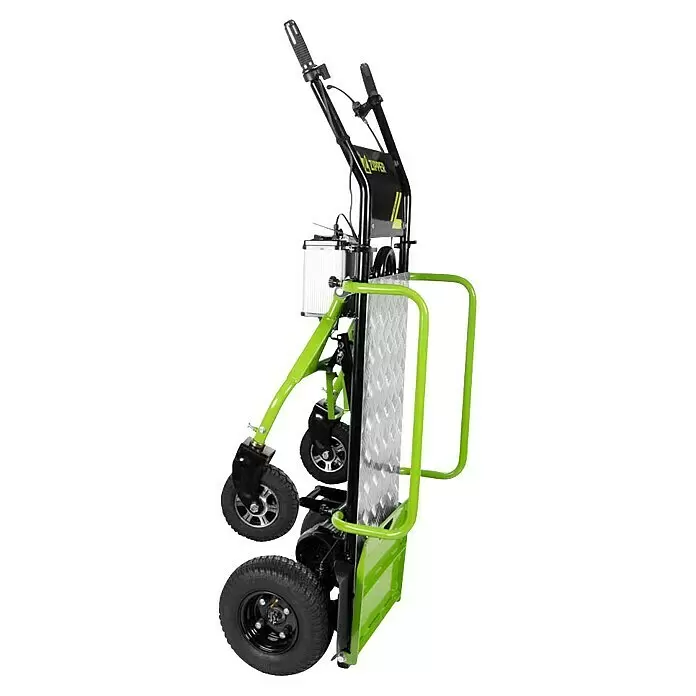 Zipper Akku-Sackkarre ZI-ET260 - 350 W, Stahl, Traglast: 260 kg - Grüner und schwarzer elektrischer Treppensteiger mit großen Rädern und strukturierter silberner Plattform.