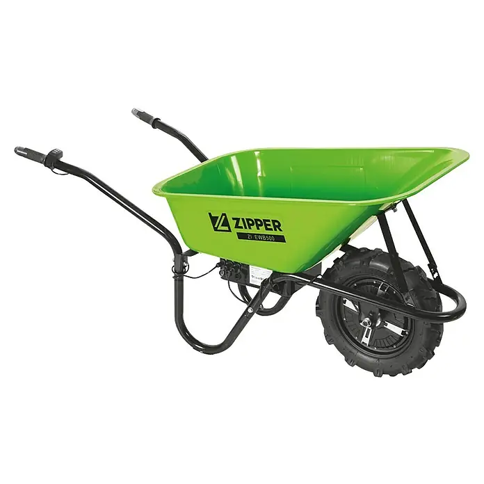 Zipper Akku-Schubkarre ZI-EWB500 - 500 W, Material Wanne: Stahl, Traglast: 150 kg - Nahaufnahme einer grünen Zipper ZI-EWB500 Elektro-Schubkarre vor schwarzem Hintergrund.