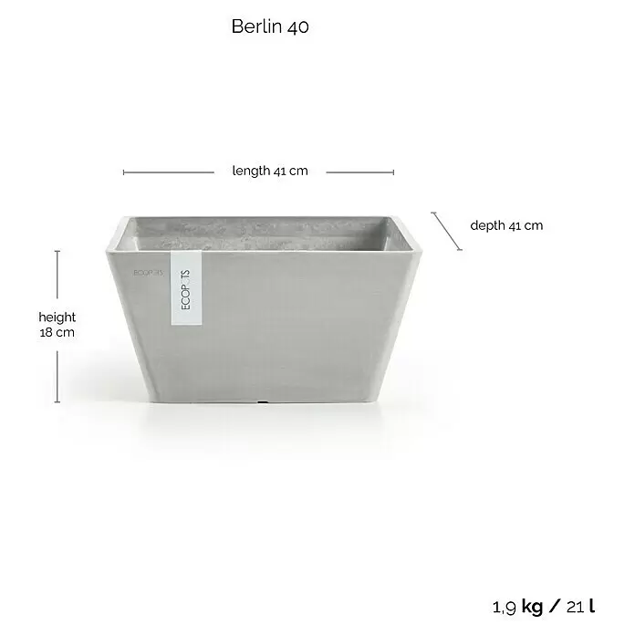 Ecopots Berlin Pflanzschale eckig - Außenmaß (L x B x H): 41 x 41 x 18 cm, Kunststoff, Weiß Grau - Hellgrauer, quadratischer Pflanzkübel mit konischen Seiten, 41 cm Länge, 41 cm Tiefe, 18 cm Höhe.