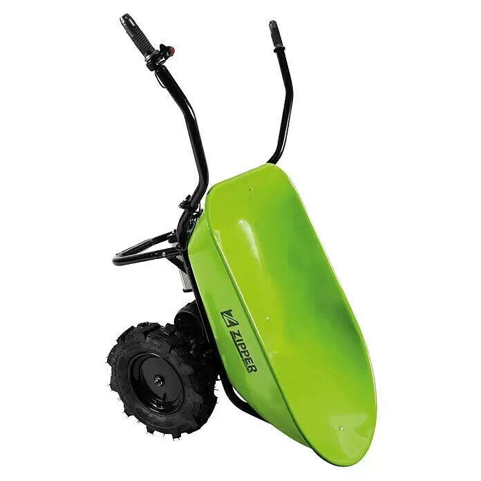 Zipper Akku-Schubkarre ZI-EWB260 - 350 W, Material Wanne: Stahl, Traglast: 260 kg - Kalkgrüne motorisierte Schubkarre mit schwarzen Griffen und robustem Rad, für einfachen Materialtransport.