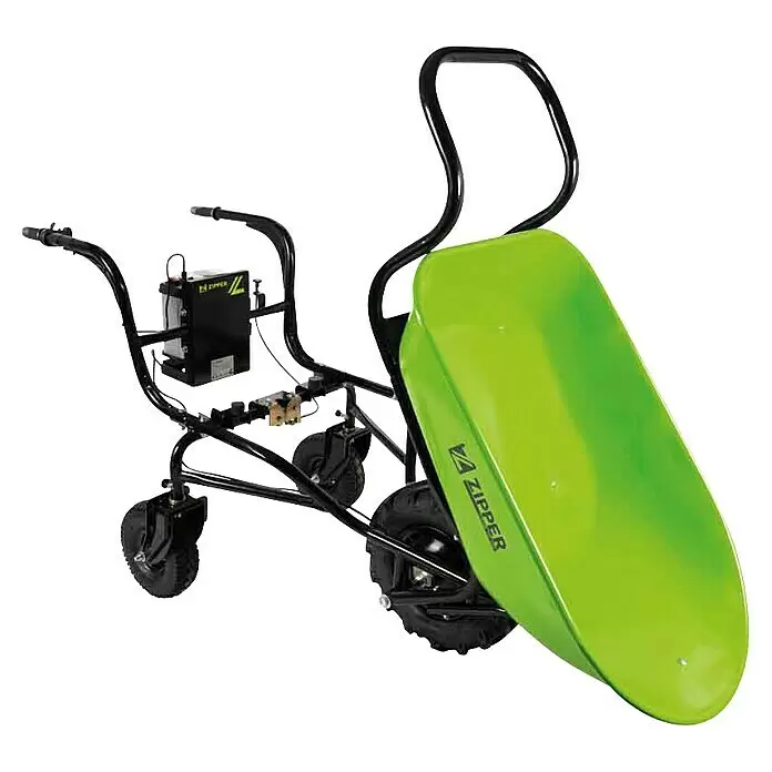 Zipper Akku-Schubkarre ZI-EWB150 - 280 W, Material Wanne: Stahl, Traglast: 150 kg - Hellgrüne elektrische Schubkarre mit schwarzem Rahmen und mehreren Rädern, inklusive Akku und Steuerung.