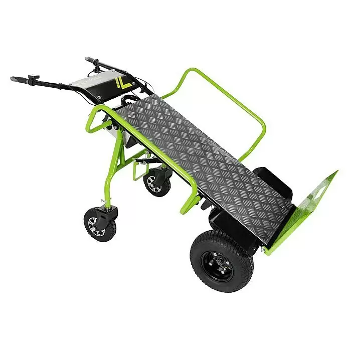 Zipper Akku-Sackkarre ZI-ET260 - 350 W, Stahl, Traglast: 260 kg - Elektrische Treppenkarre mit leuchtend grünem Rahmen, schwarzen Akzenten und Riffelblechplattform für schwere Lasten.