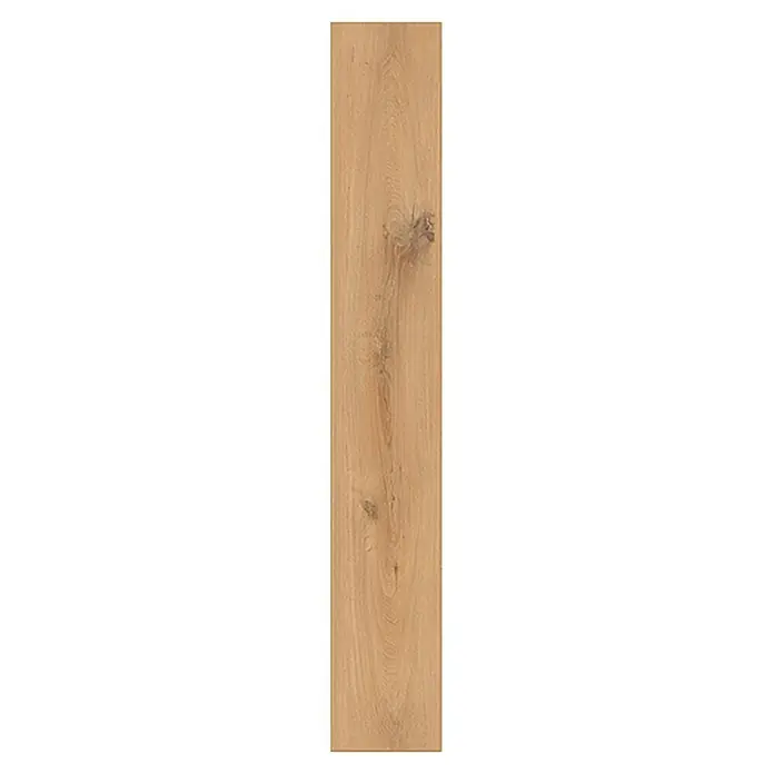 Krono Original Laminatmuster Organic Classic Golden Vista Oak - 297 x 195 x 8 mm, Landhausdiele - Nahaufnahme eines hellbraunen Holzbretts mit Ästen und Maserung, ideal für Texturen und Hintergründe.
