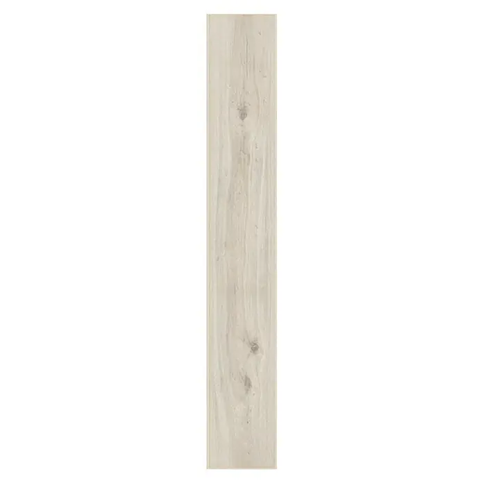 Krono Original Laminatmuster Organic Classic Misty Plains Oak - 297 x 195 x 8 mm, Landhausdiele - Detailansicht einer länglichen, hellen Holzfliese mit natürlicher Maserung und Astlöchern für ein rustikales Erscheinungsbild.