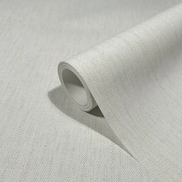 Marburg Heritage Vliestapete Textil-Optik - Weiß/Beige, Uni, 10,05 x 0,53 m - Nahaufnahme einer Rolle mit grauem Leinen-Tapetenmuster, ideal für die Wandgestaltung und Inneneinrichtung.