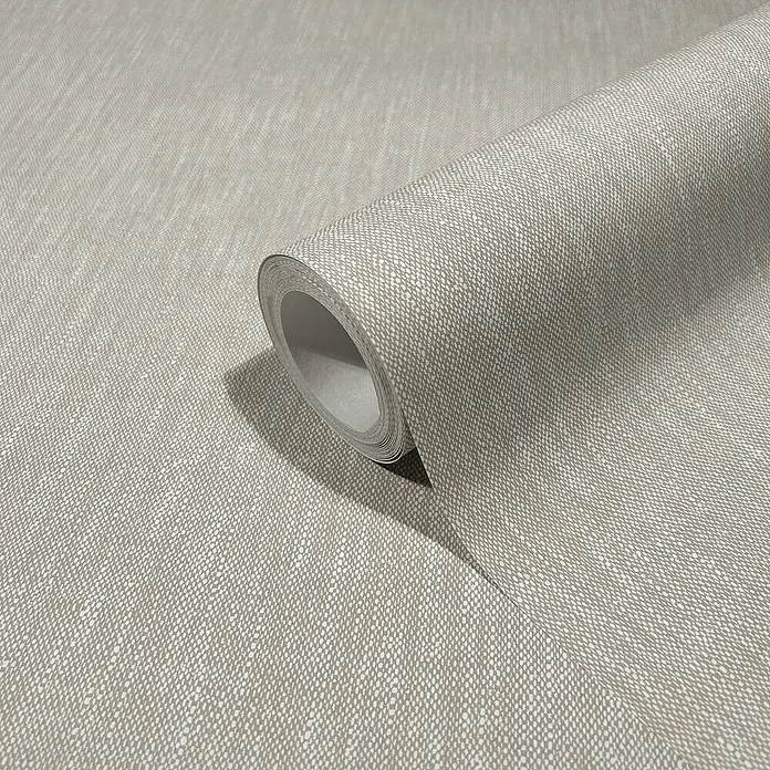 Marburg Heritage Vliestapete Textil-Optik - Beige, Uni, 10,05 x 0,53 m - Nahaufnahme einer Rolle stilvoller, grauer Vinyltapete mit einer feinen, texturierten Oberfläche für eine moderne Wandgestaltung.