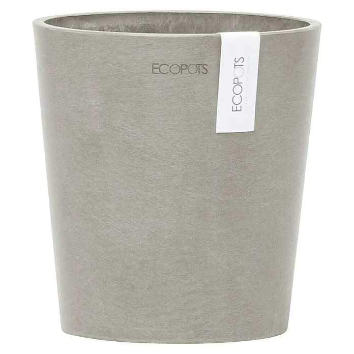 Ecopots Orchideentopf Morinda - Außenmaß (Ø x H): 14 x 15 cm, Kunststoff, Braungrau - Nahaufnahme eines grauen ECOPOTS Pflanzgefäßes, das eine glatte Textur und ein minimalistisches Design aufweist, ideal für moderne Innenräume und Gärten.