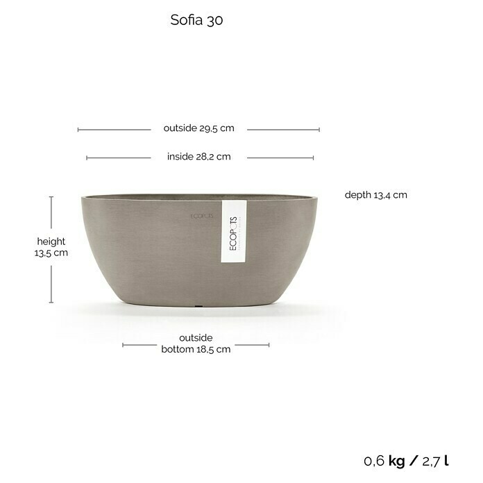 Ecopots Sofia Pflanzschale Oval (L x B x H: 30 x 13 x 13,5 cm, Braungrau) | BAUHAUS