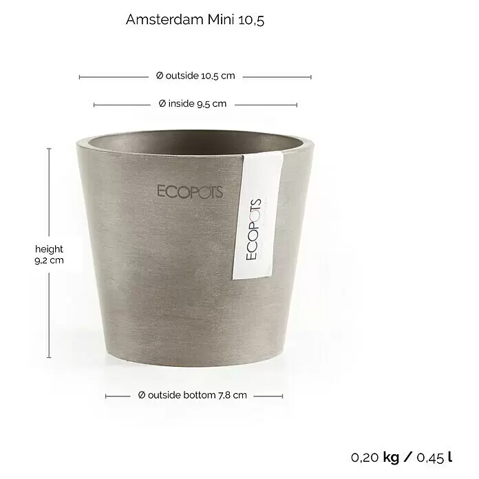 Ecopots Amsterdam Pflanztopf Mini - Außenmaß (Ø x H): 10,5 x 9,2 cm, Kunststoff, Braungrau - Grauer Mini-Blumentopf in Steinoptik.