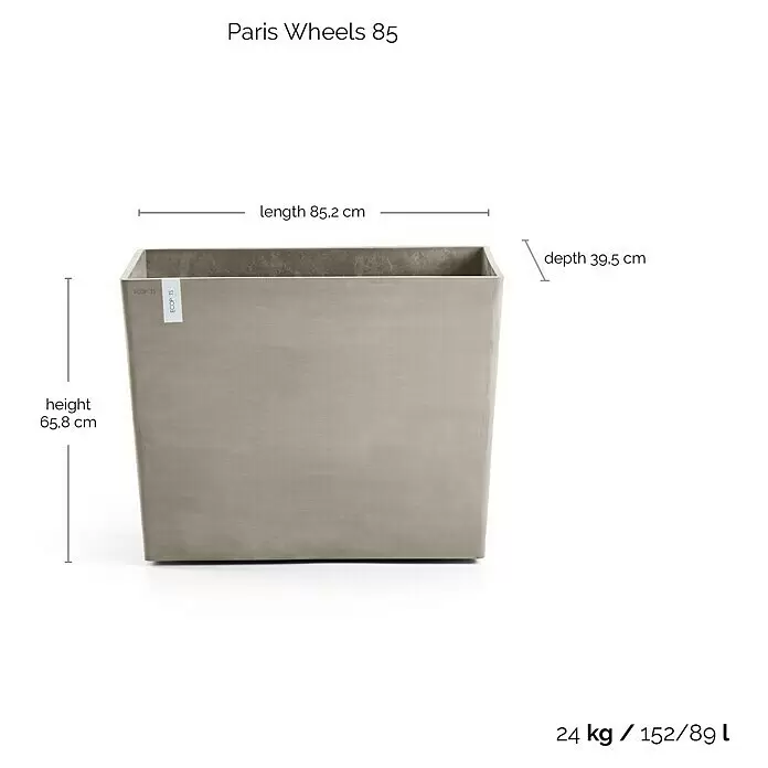 Ecopots Pflanzkasten Paris - Außenmaß (L x B x H): 85,2 x 39,5 x 65,8 cm, Kunststoff, Braungrau, Ausstattung Pflanzgefäß: Rollen - Rechteckiger, hellgrauer ECOPOTS 'Paris Wheels 85' Pflanzkübel, 85,2 cm lang, 65,8 cm hoch, 39,5 cm tief, mit rauer Textur.