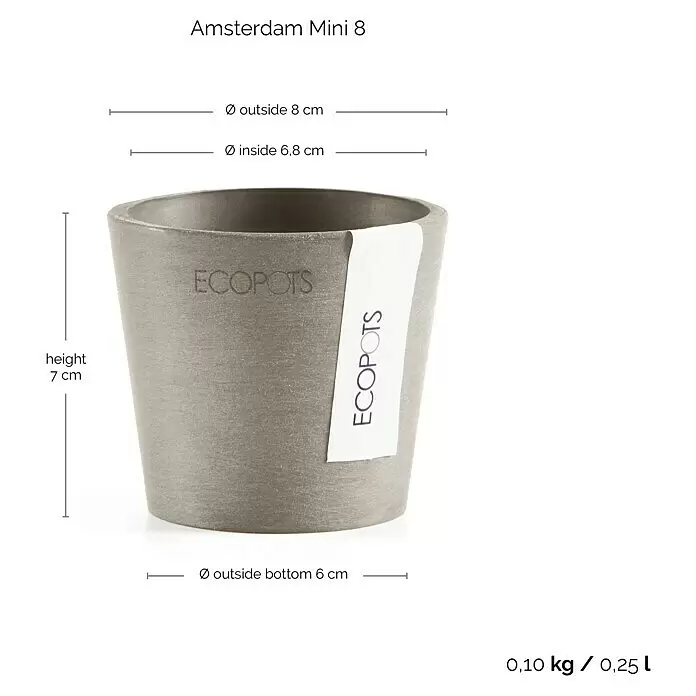 Ecopots Amsterdam Pflanztopf Mini - Außenmaß (Ø x H): 8 x 7 cm, Kunststoff, Braungrau - Grauer ECOPOTS Amsterdam Mini Blumentopf, 7 cm hoch, mit 8 cm Außendurchmesser oben und 0,25 L Volumen.