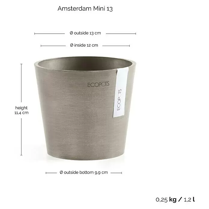 Ecopots Amsterdam Pflanztopf Mini - Außenmaß (Ø x H): 13 x 11,4 cm, Kunststoff, Braungrau - Grauer, texturierter ECOPOTS Blumentopf. Ø oben 13 cm, 11,4 cm hoch, 1,2 L Volumen, 0,25 kg.