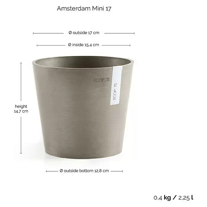 Ecopots Amsterdam Pflanztopf Mini - Außenmaß (Ø x H): 17 x 14,9 cm, Kunststoff, Braungrau - Grauer ECOPOTS Pflanztopf, 14,7 cm hoch, mit 17 cm Außendurchmesser oben, 15,4 cm innen und 2,25 L Fassungsvermögen.