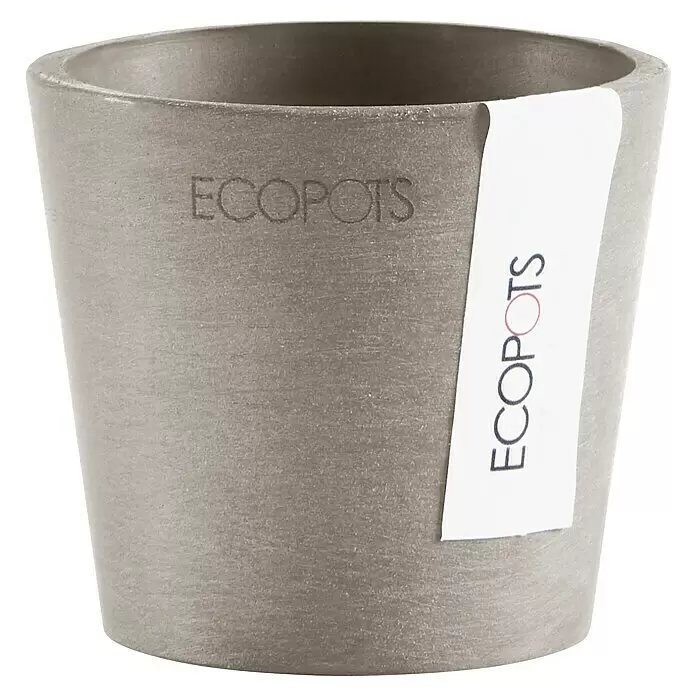 Ecopots Amsterdam Pflanztopf Mini - Außenmaß (Ø x H): 8 x 7 cm, Kunststoff, Braungrau - Grauer, texturierter ECOPOTS Blumentopf mit geprägtem Logo und Markenetikett.