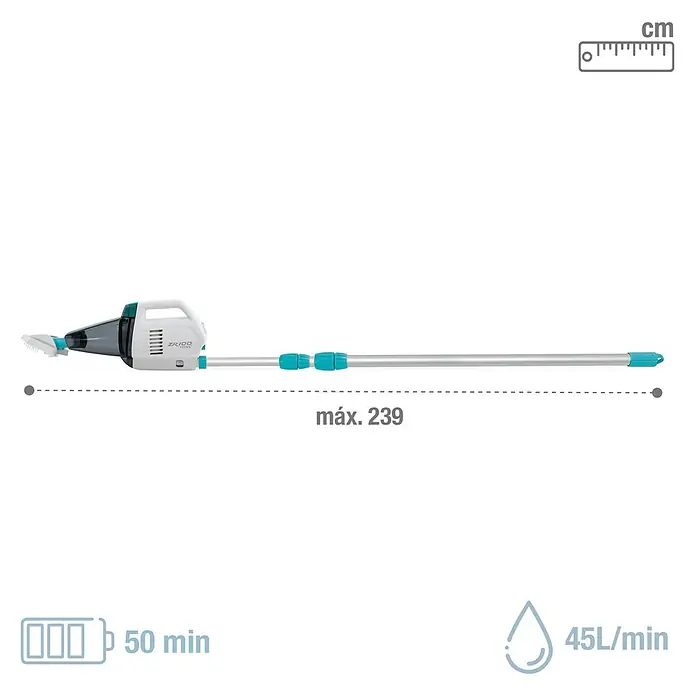Intex Aspirador para piscina Basic ZR100 - A batería, Específico para: Piscinas elevadas de hasta 5,49 m de diámetro - Ilustración de un limpiafondos con mango telescópico, alcanzando una longitud máxima de 239 cm para una limpieza efectiva.