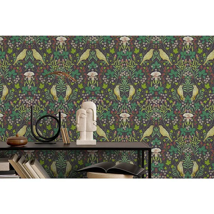 Marburg Heritage Vliestapete Tiere & Blumen - Schwarz/Grün, Floral, 10,05 x 0,53 m - Eine detailreiche Tapete mit Vögeln, Blüten und Blättern in einem klassischen Muster. Perfekt für eine elegante Wandgestaltung.