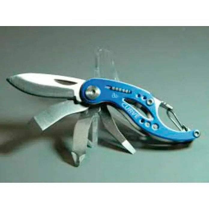 Gerber Multiherramienta plegable Curve - Bloqueo de hoja automático, Apto para: Cazador - Primer plano de una multiherramienta azul Gerber Curve con hoja, destornillador y lima extendidos, perfecta para EDC y actividades al aire libre.