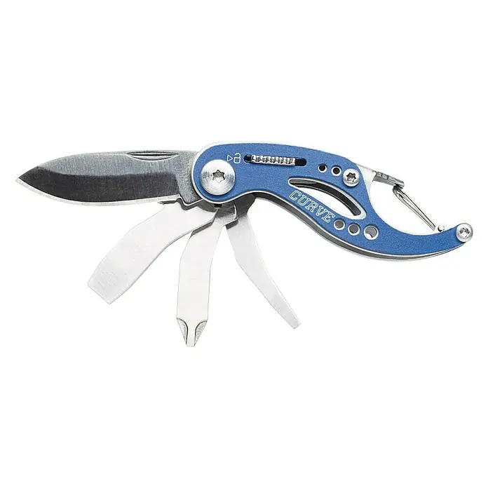 Gerber Multiherramienta plegable Curve - Bloqueo de hoja automático, Apto para: Cazador - Herramienta múltiple Curve azul versátil con hoja de cuchillo, puntas de destornillador y clip de mosquetón, perfecta para tareas diversas.