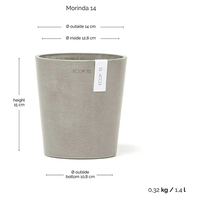 Ecopots Orchideentopf Morinda - Außenmaß (Ø x H): 14 x 15 cm, Kunststoff, Braungrau - Morinda 14 Pflanztopf in Grau mit den Maßen: Höhe 15 cm, Durchmesser oben außen 14 cm und Durchmesser unten außen 10,8 cm.