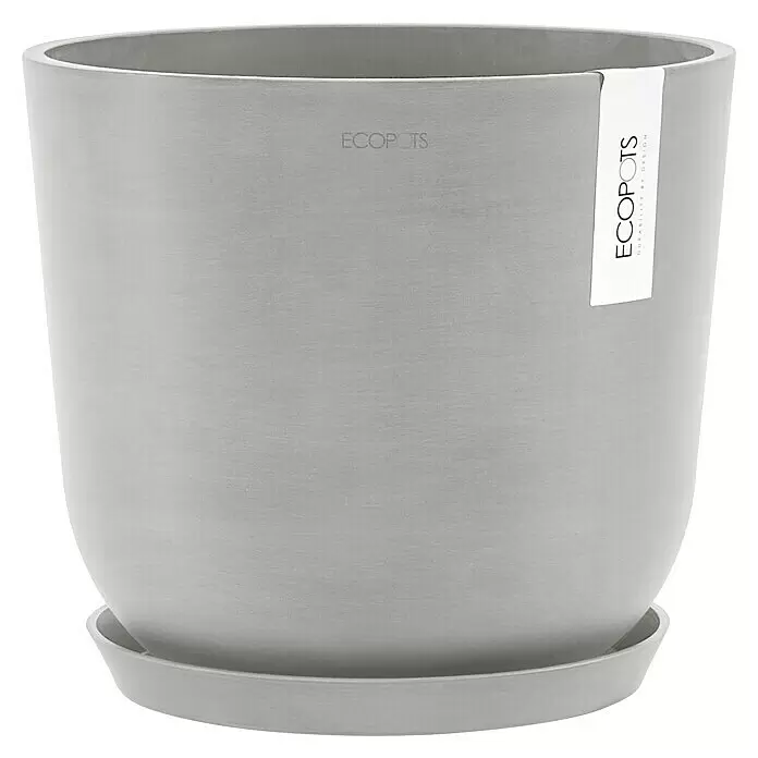 Ecopots Oslo Pflanztopf mit Wasserspeicher - Außenmaß (Ø x H): 25 x 21,4 cm, Kunststoff, Weißgrau - Ein hellgrauer Pflanzentopf mit passender Untertasse, subtiler Textur und einem 'ECOPOTS'-Markenetikett.