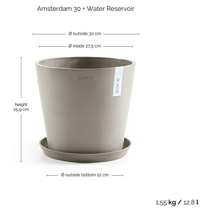 Ecopots Amsterdam Pflanzkübel rund (Außenmaß (Ø x H): 30 x 25,9 cm, Kunststoff, Braungrau, Mit Bewässerungssystem) | BAUHAUS