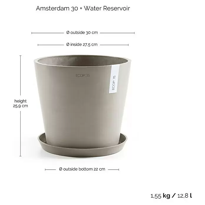 Ecopots Amsterdam Pflanzkübel rund - Außenmaß (Ø x H): 30 x 25,9 cm, Kunststoff, Braungrau, Mit Bewässerungssystem - Grauer Amsterdam Pflanztopf mit Untersetzer und Wasserspeicher.