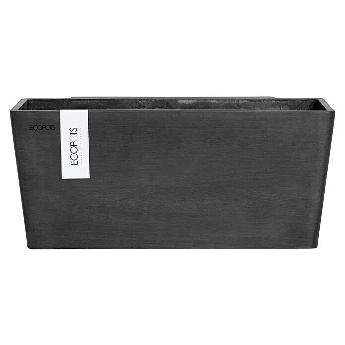 Ecopots Wand-Pflanzkasten Manhattan Wall - Außenmaß (L x B x H): 35 x 17,2 x 15 cm, Kunststoff, Dunkelgrau, Rechteckig - Strukturierter dunkelgrauer rechteckiger Ecopots Pflanzkübel mit ‚DURABILITY BY DESIGN‘ auf seinem Etikett.