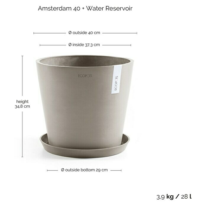 Ecopots Amsterdam Pflanzkübel rund (Außenmaß (Ø x H): 40 x 34,8 cm, Kunststoff, Braungrau, Mit Bewässerungssystem) | BAUHAUS