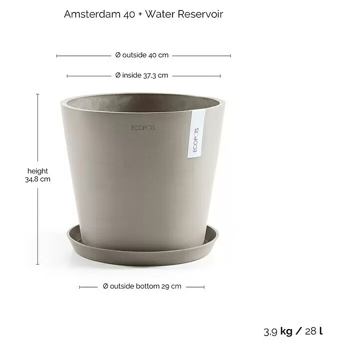 Ecopots Amsterdam Pflanzkübel rund - Außenmaß (Ø x H): 40 x 34,8 cm, Kunststoff, Braungrau, Mit Bewässerungssystem - Hellgrauer ECOPOTS Amsterdam Pflanztopf mit Untersetzer und Wasserreservoir.