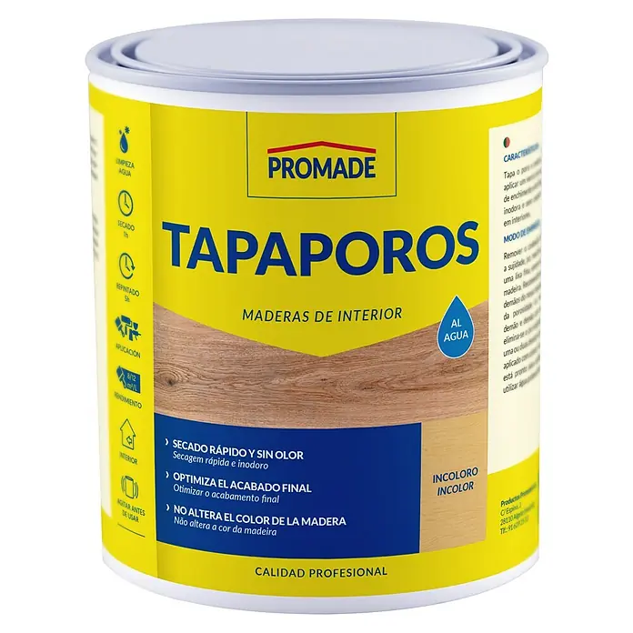 Promade Barniz para madera Tapaporos - Incoloro, 750 ml, Mate - Un bote de Promade Tapaporos, una imprimación incolora para madera de interiores que es de secado rápido e inodoro.
