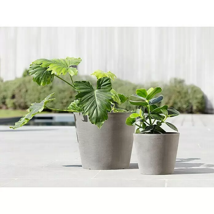 Ecopots Amsterdam Pflanzkübel rund - Außenmaß (Ø x H): 30 x 25,9 cm, Kunststoff, Braungrau, Mit Bewässerungssystem - Zwei graue ECOPOTS Pflanzgefäße, ein großes und ein kleines, mit grünen Pflanzen auf einer Terrasse.