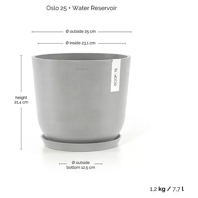 Ecopots Oslo Pflanztopf mit Wasserspeicher - Außenmaß (Ø x H): 25 x 21,4 cm, Kunststoff, Weißgrau - Grauer 'Oslo 25' Blumentopf mit Wasserspeicher, 25 cm Durchmesser, 21,4 cm hoch.