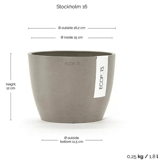 Ecopots Pflanztopf Stockholm - Außenmaß (Ø x H): 16,2 x 12 cm, Kunststoff, Braungrau - Grauer Ecopots Stockholm 16 Blumentopf mit Maßen.