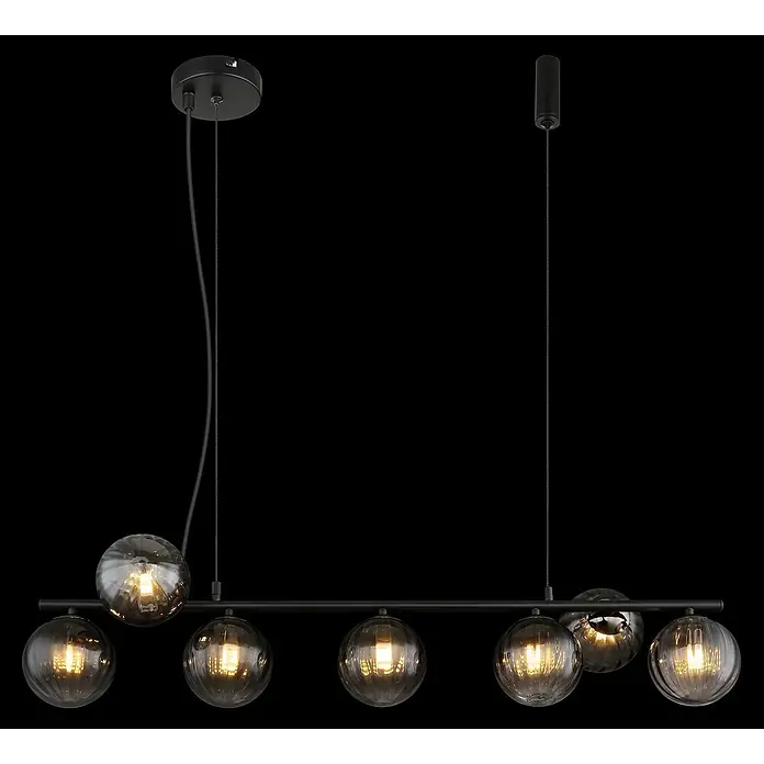 Globo Dallerta Hängelampe Dallerta - 10 W, Schwarz matt, L x B x H: 95 x 28 x 120 cm, G9, 7 Stk. - Elegante Pendelleuchte mit sieben kugelförmigen Glasschirmen und schwarzer Aufhängung für stilvolle Beleuchtung.