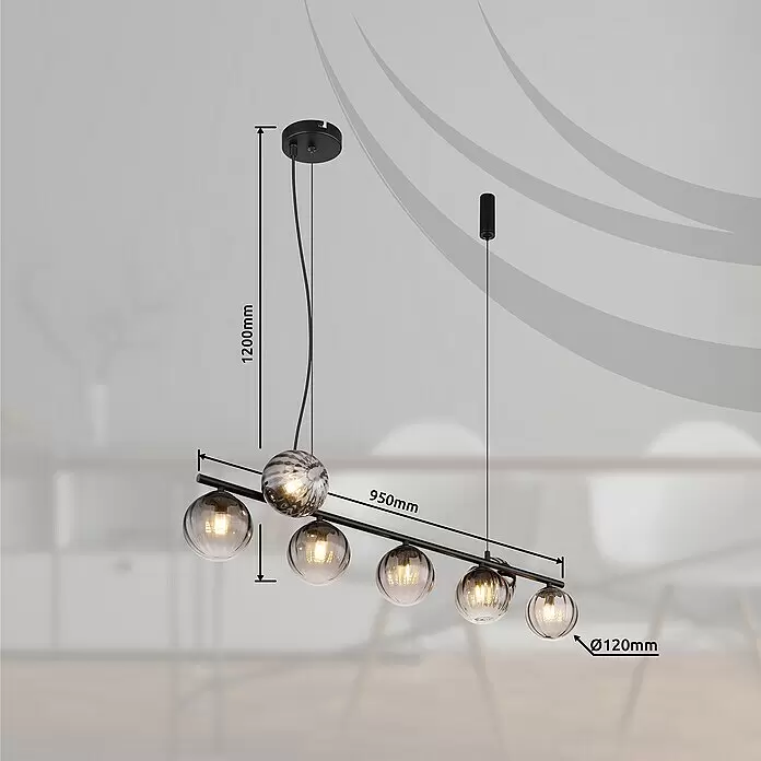 Globo Dallerta Hängelampe Dallerta - 10 W, Schwarz matt, L x B x H: 95 x 28 x 120 cm, G9, 7 Stk. - Schwarze lineare Pendelleuchte mit sechs Rauchglas-Kugeln. Maße: 1200mm H, 950mm L, Ø120mm Kugeln.