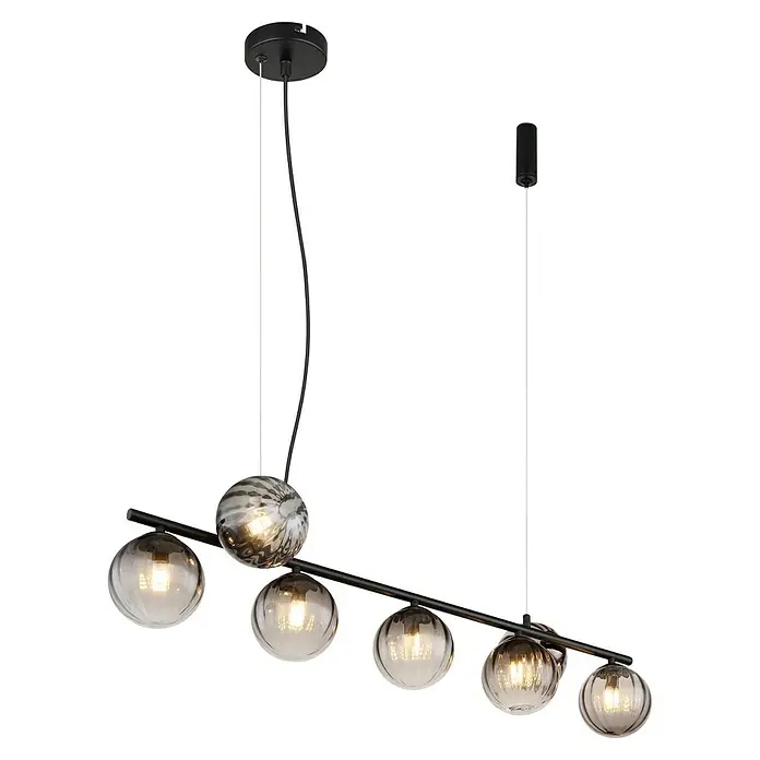 Globo Dallerta Hängelampe Dallerta - 10 W, Schwarz matt, L x B x H: 95 x 28 x 120 cm, G9, 7 Stk. - Diese moderne Pendelleuchte verfügt über sechs kugelförmige Lampenschirme in abgestuften Grautönen.